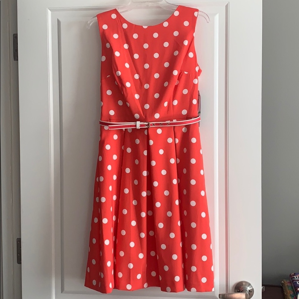 NWT R&K Belted Coral/White Polka Dot Dress